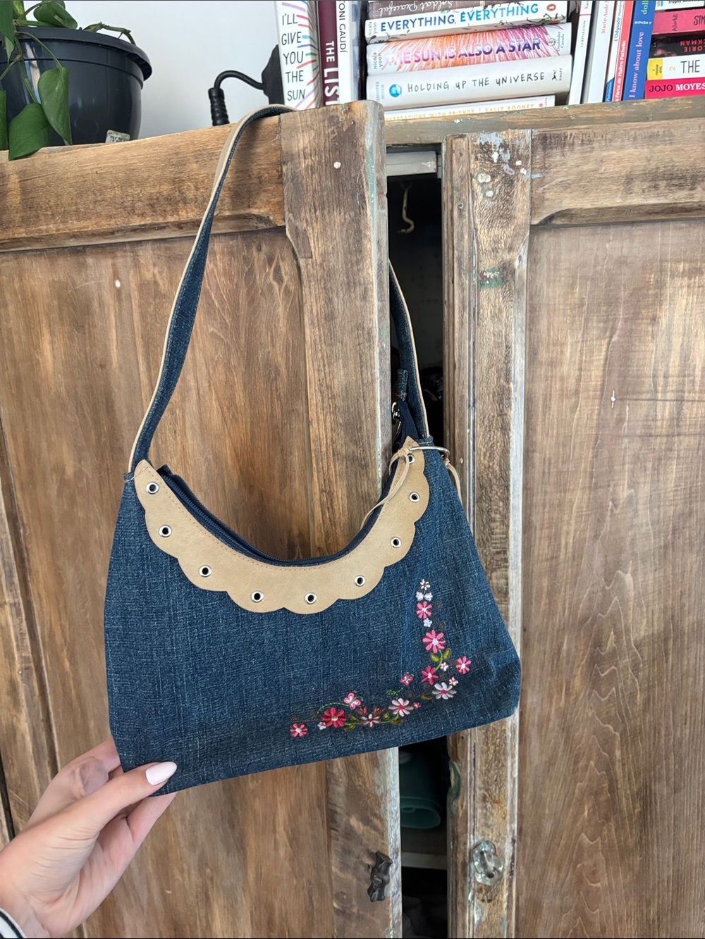 Denim Shoulder Bag with Floral Embroidery - Navy and Tan